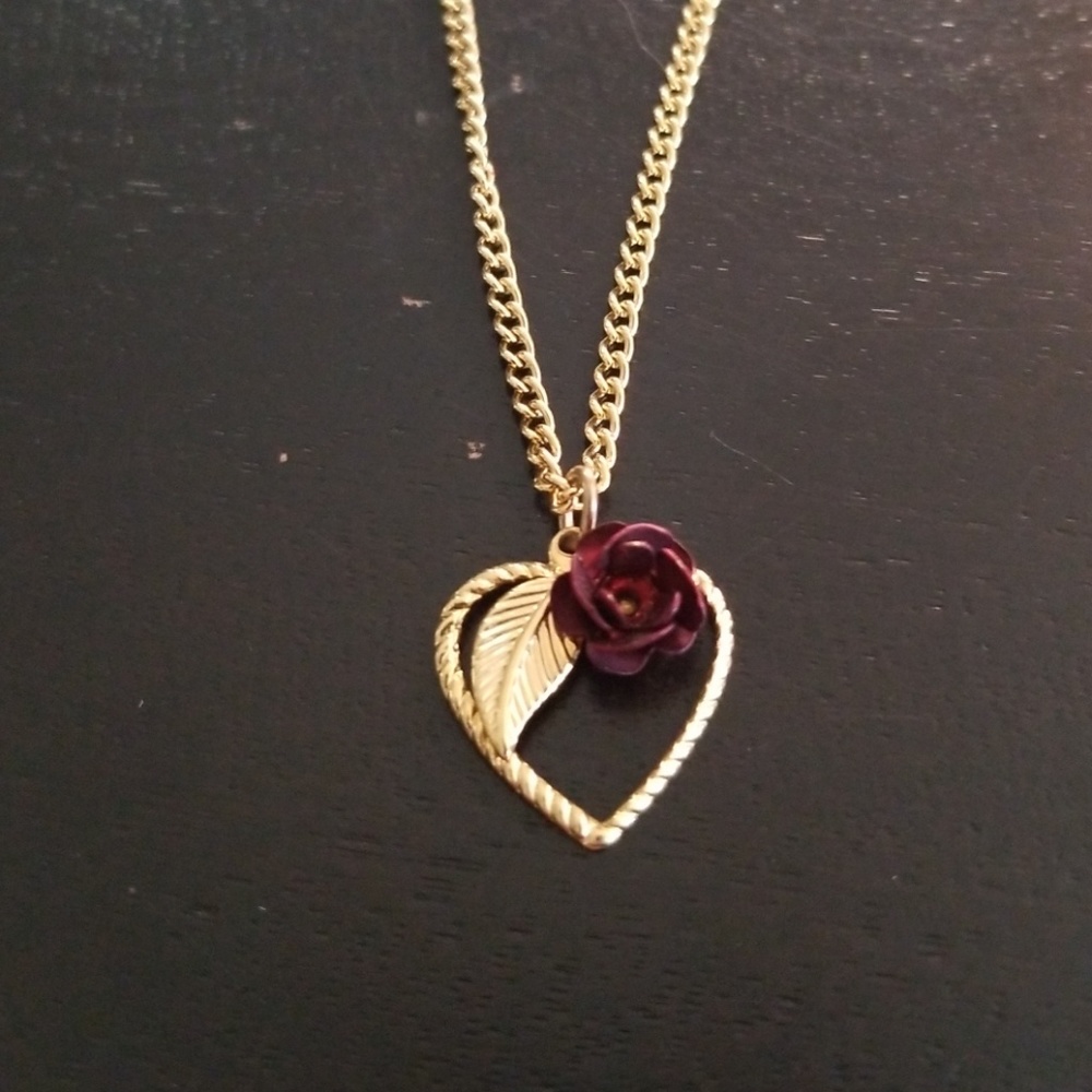 Gold and red rose heart necklace